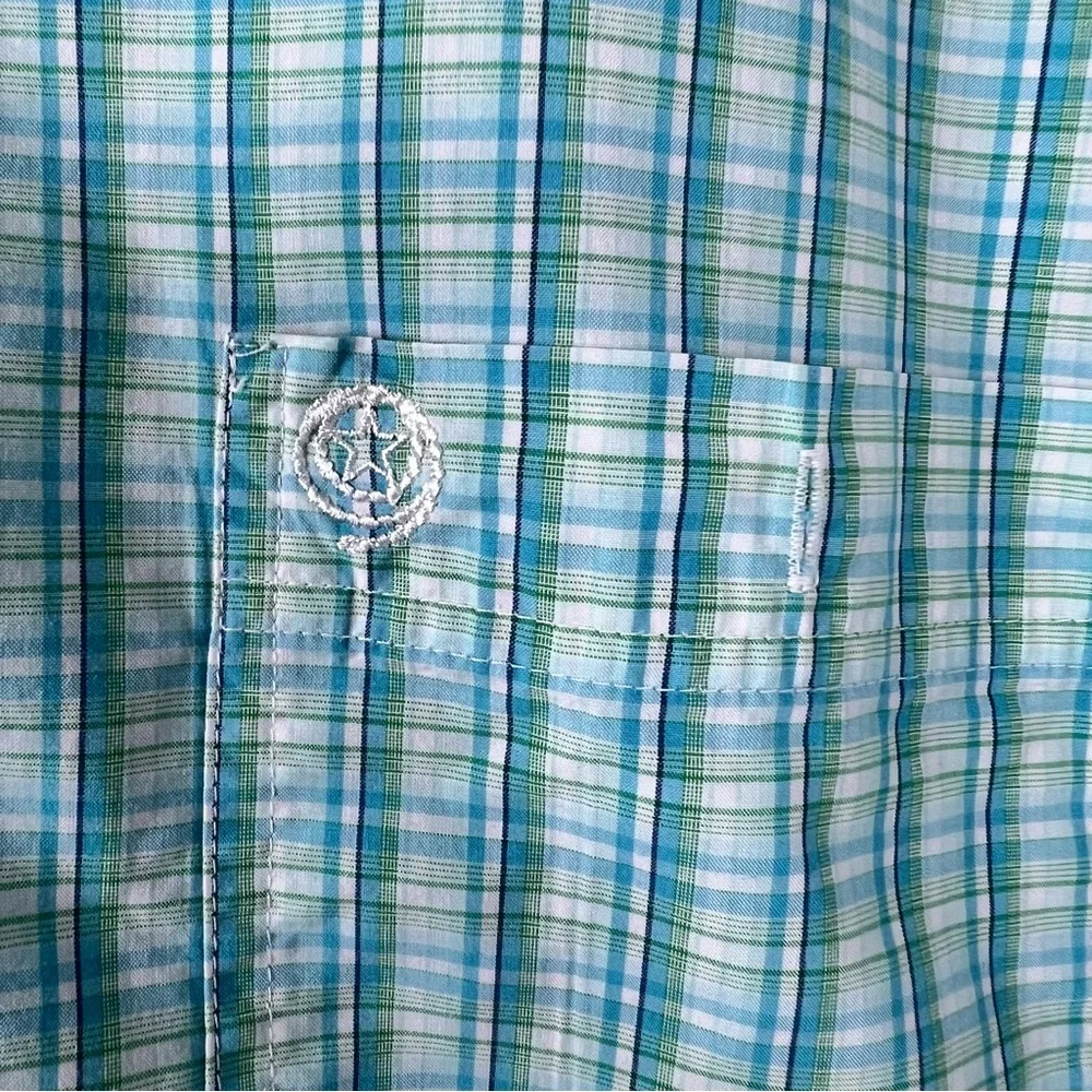 Wrangler George Straight Button Down Turquoise Plaid Contrast Trim Dress Shirt